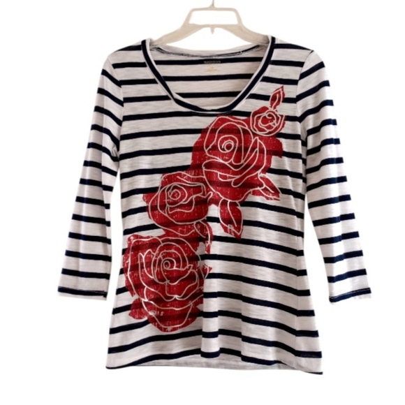 Madison Tops - Madison Black and White Striped Top with Red Rose Design, Size Sp